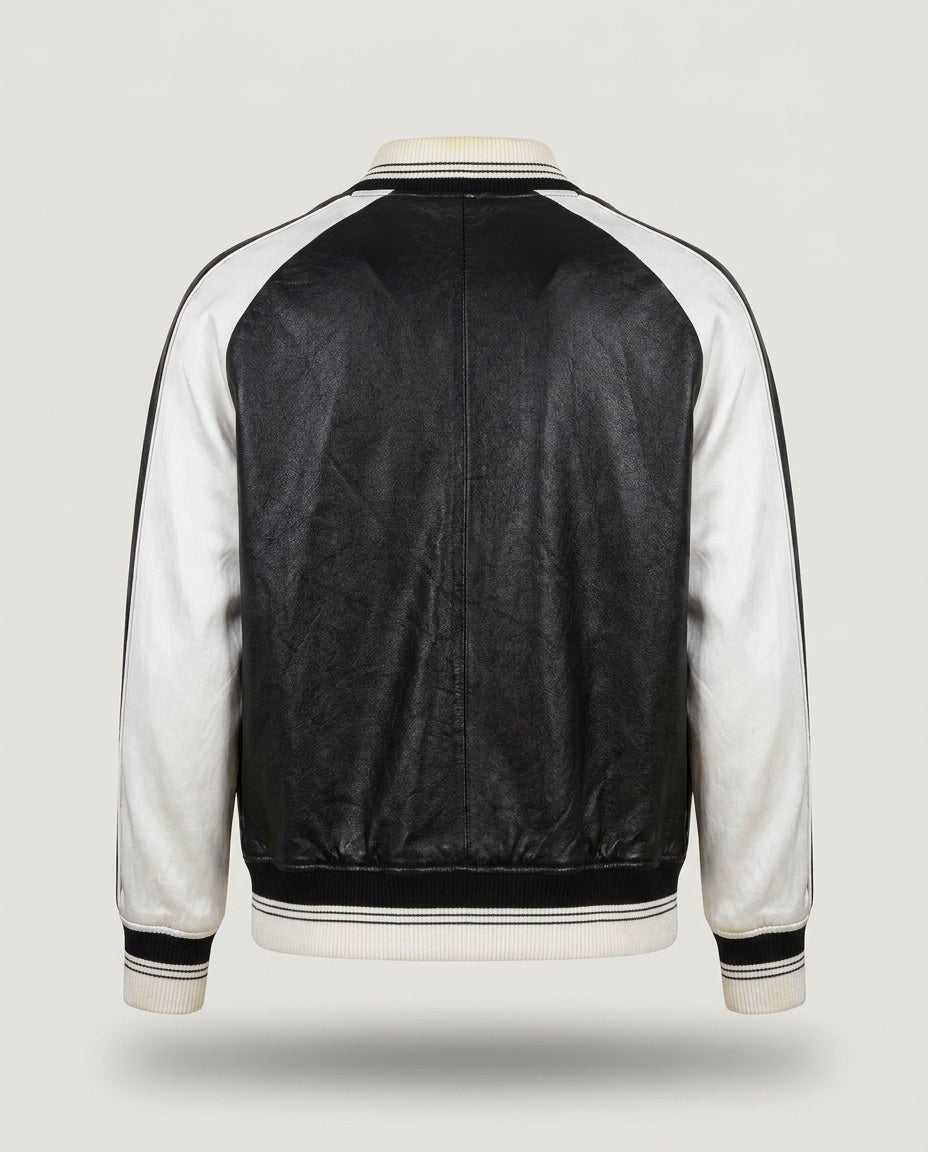 IRO FALIA Black and White Leather Bomber Jacket with Silk Sleeves - photo 2