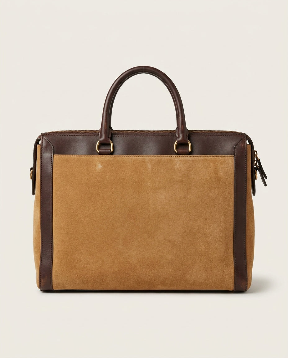 Aldany Structured Tote/Briefcase Bag - Tan/Camel Suede & Dark Brown Leather - photo 2