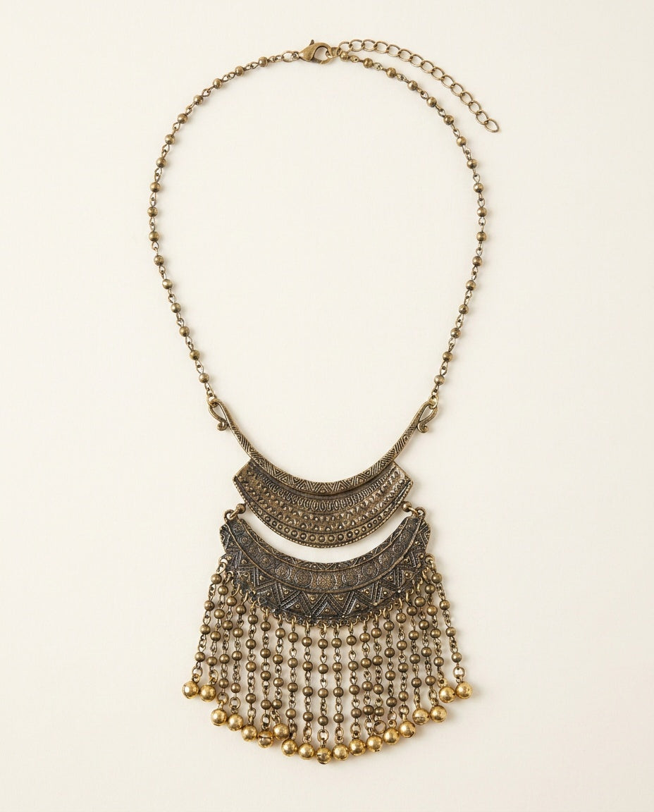 Tribal Style Bib Necklace with Crescent Tiers and Fringe Chains - photo 2
