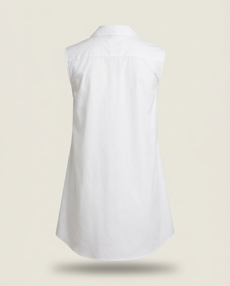 Theory White Sleeveless Collared Bib-Front Tunic Blouse in 72% Cotton/23% Nylon/5% Spandex - photo 2