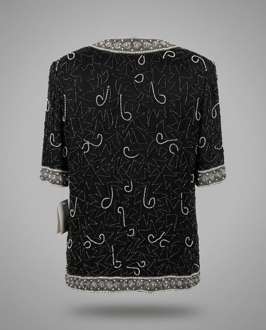 Laurence Kazar Beaded Silk Evening Top (1X) - Black, White, Silver - photo 2