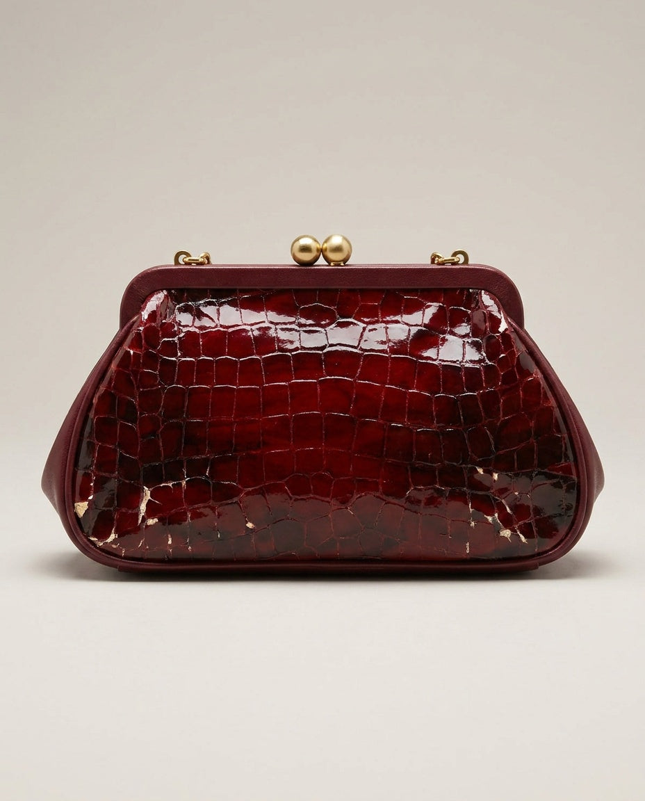 Isabella Fiore Structured Clutch Bag - Deep Burgundy Crocodile Embossed with Gold-Tone Hardware - photo 2