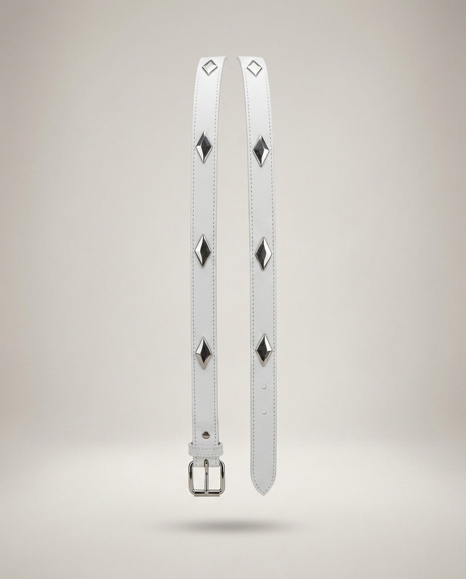 White Narrow Studded Belt with Silver Diamond Studs - photo 2
