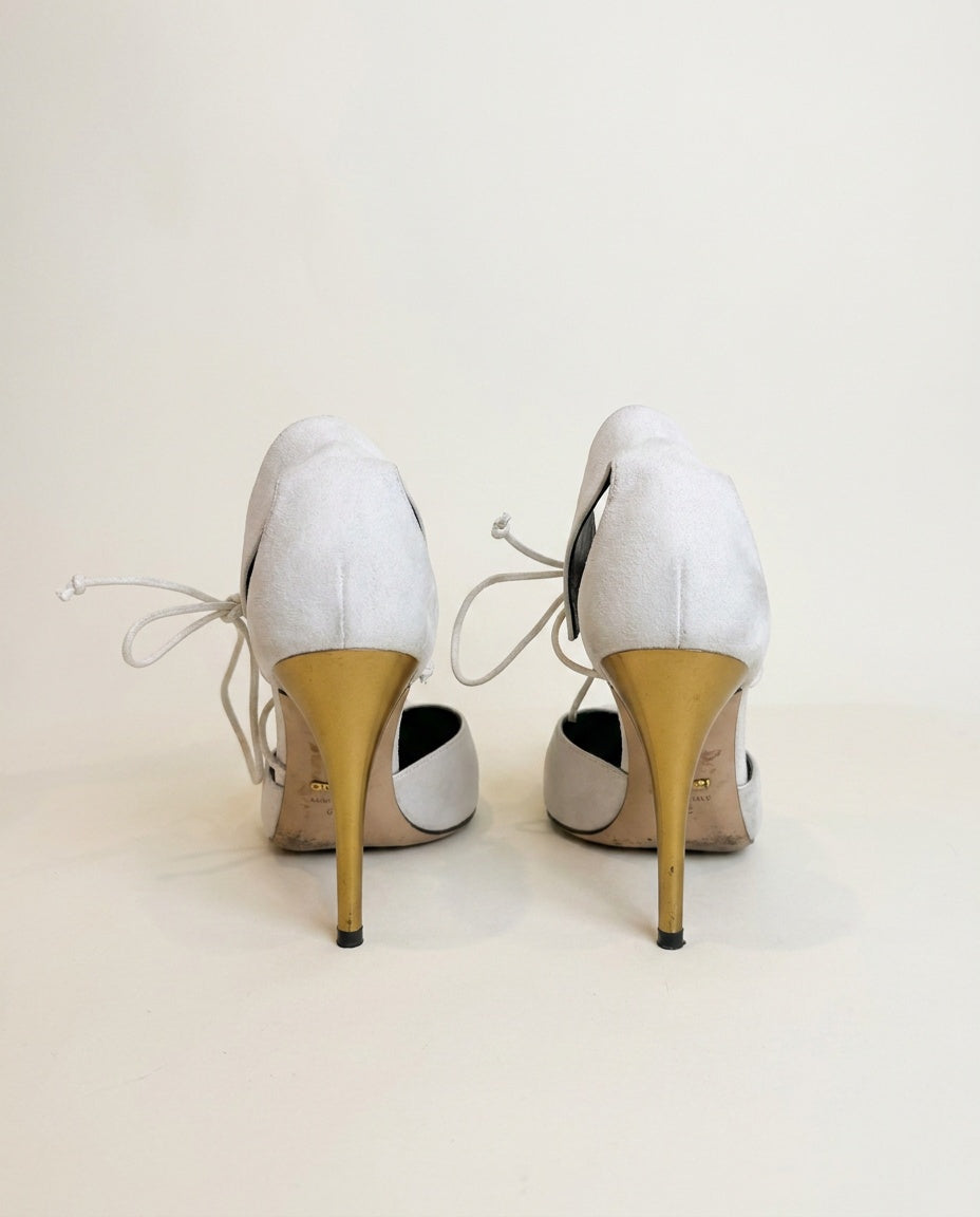 Gucci Pointed-Toe D'Orsay Stiletto Heel with Gold-Ankle Tie, Light Grey/White Matte Upper - photo 2