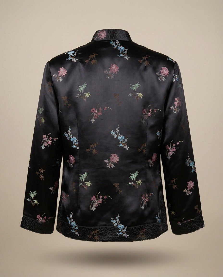 Chinese-Style Satin Jacket with Frog Closures and Allover Floral Print - photo 2