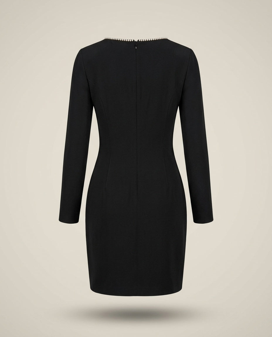 Black Long-Sleeve Mini Dress with Faux Pearl Neckline - photo 2