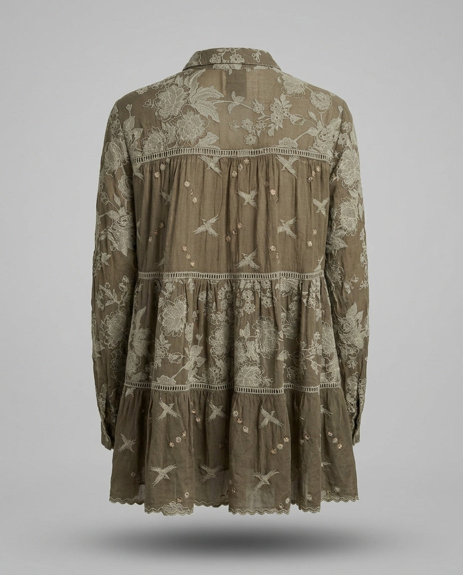 Johnny Was Tiered Embroidered Button-Forward Blouse in Olive/Khaki with Cream Embroidery - photo 2