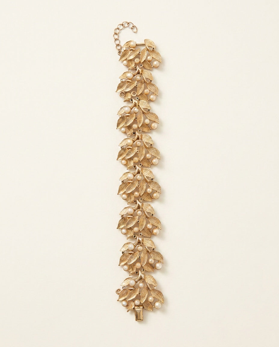 Gold-Tone Leaf and Faux Pearl Link Bracelet - photo 2