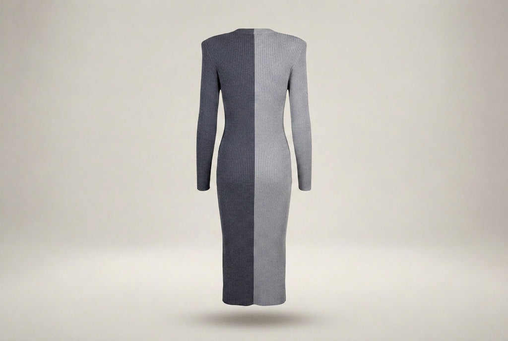 STAUD Ribbed Knit Colorblock Midi Dress in Dark Charcoal & Light Heather Grey - photo 2