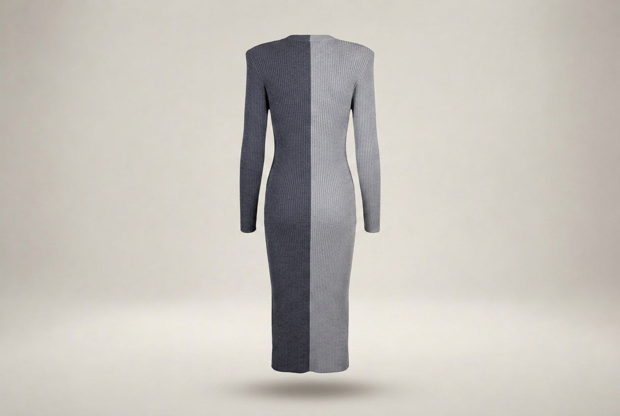STAUD Ribbed Knit Colorblock Midi Dress in Dark Charcoal & Light Heather Grey - photo 2