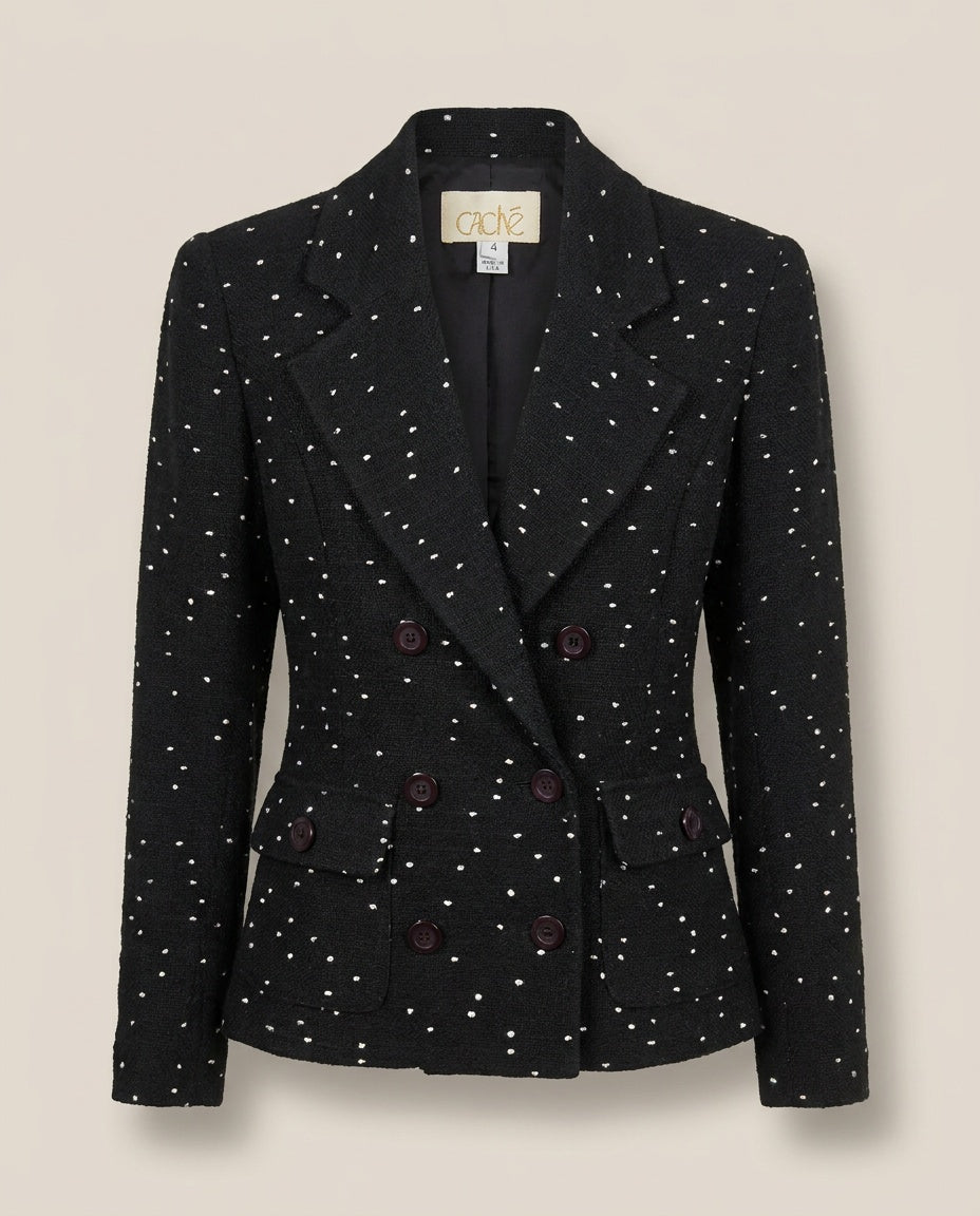 Cache 1980s Double-Breasted Blazer in Textured Boucle with White Dot Pattern - photo 1