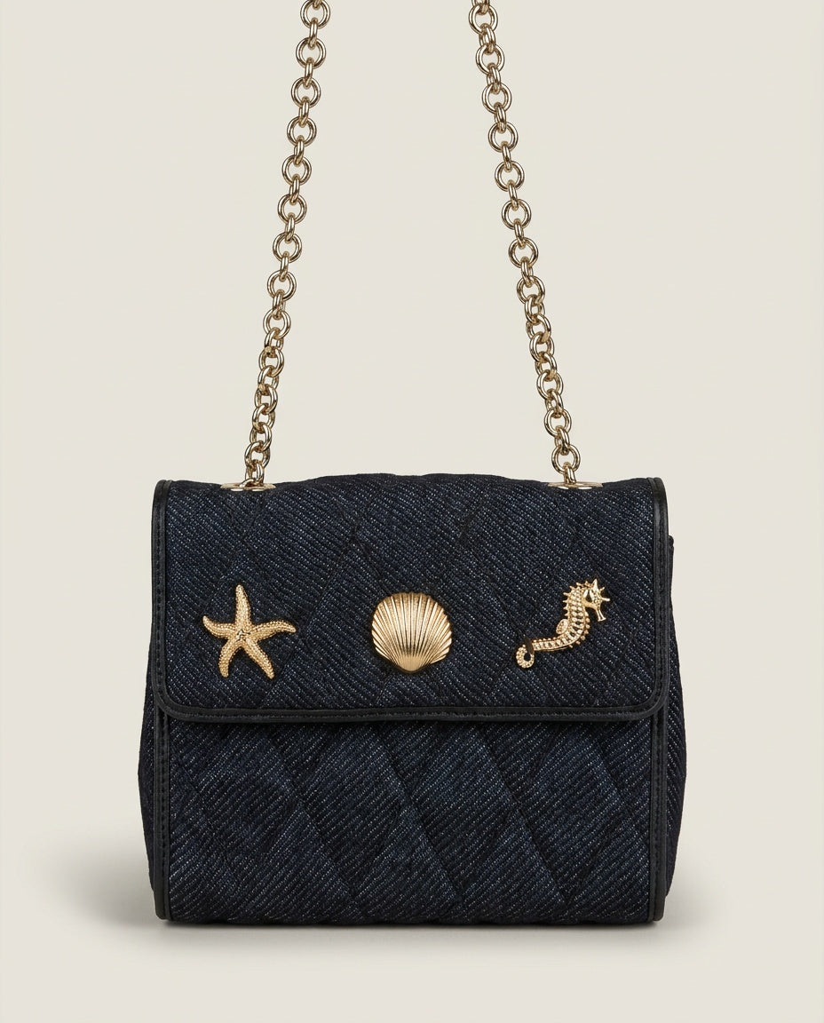 Quilted Denim Mini Chain Shoulder Bag with Sea-Motif Hardware - photo 1