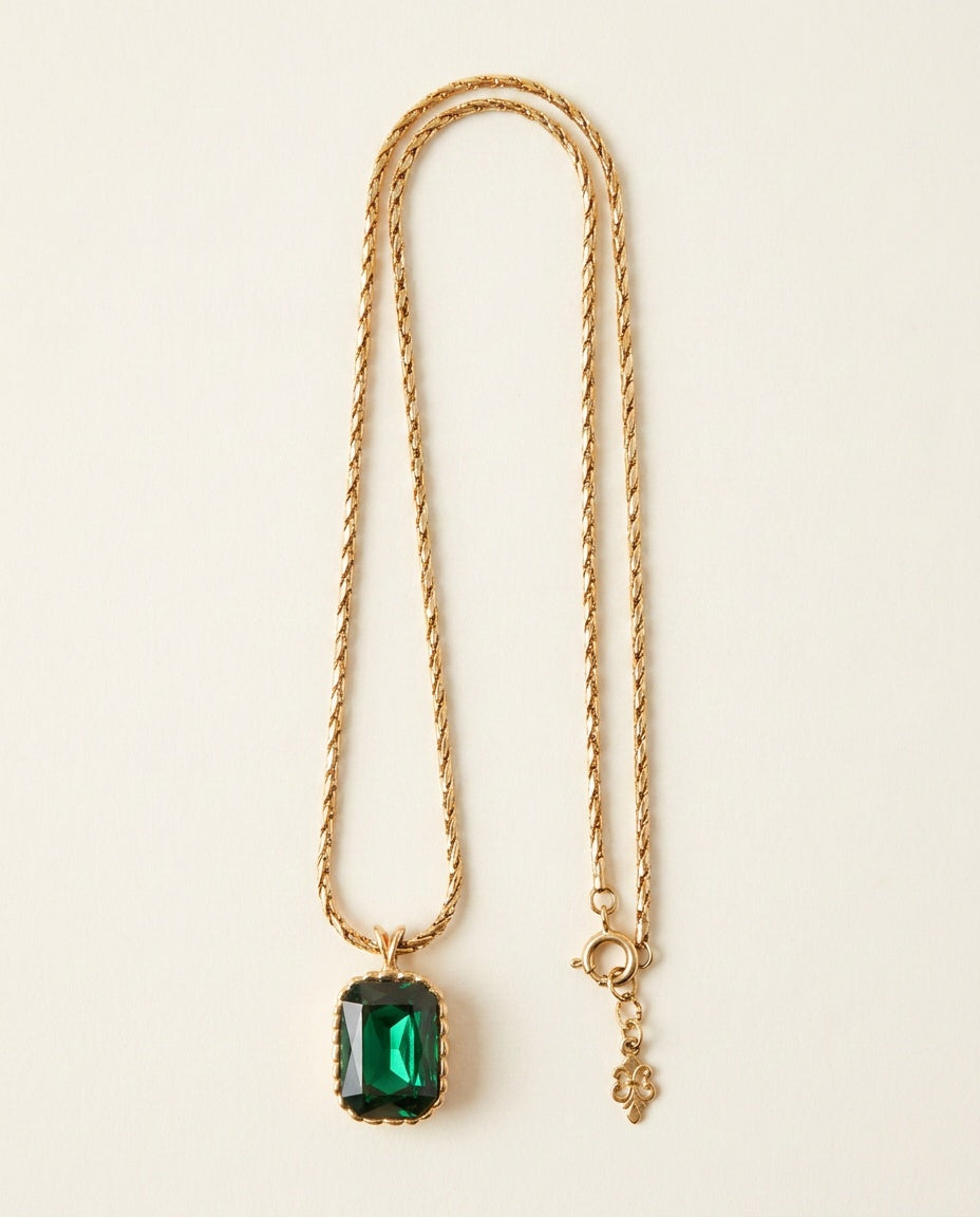 Mid-Century Gold-Tone Chain Necklace with Emerald-Cut Green Stone Pendant - photo 1