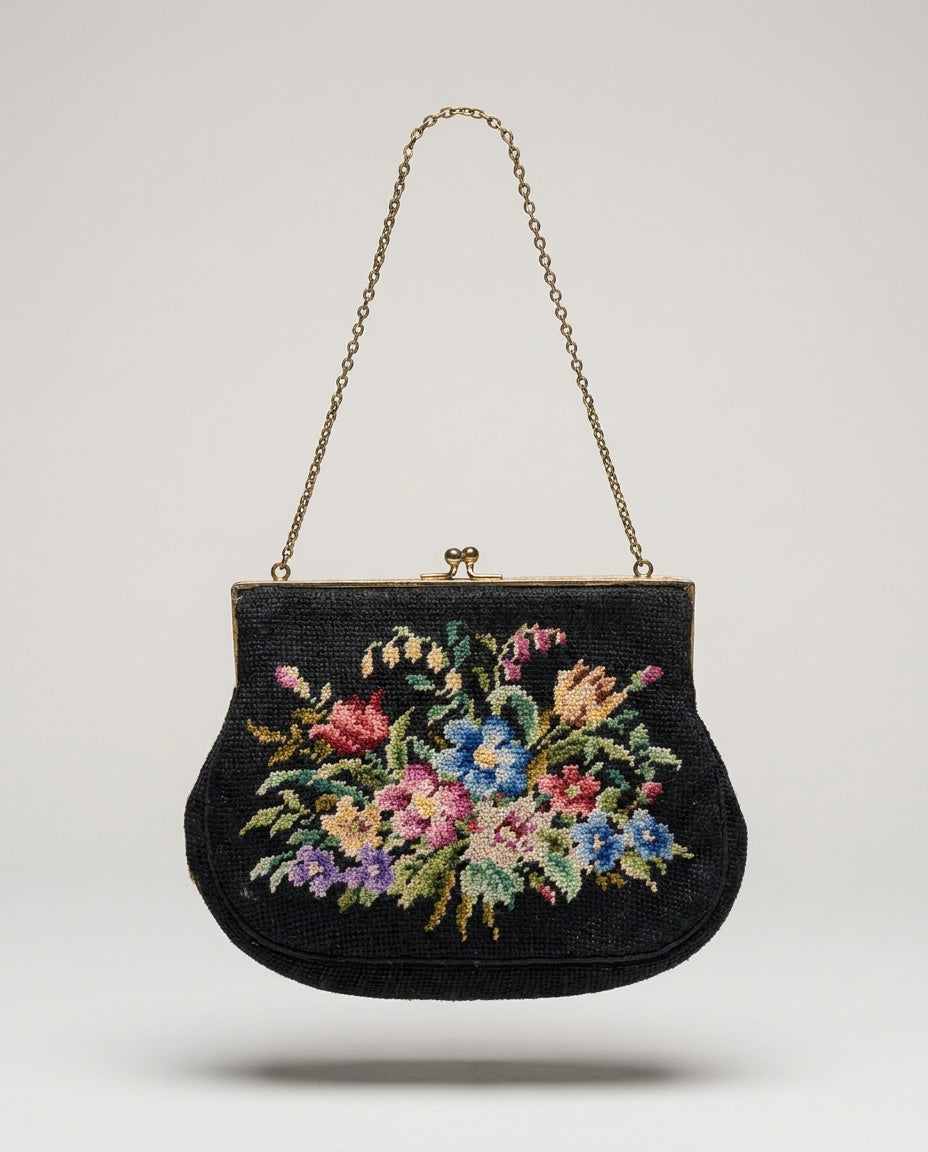 Needlepoint Evening Bag with Floral Bouquet and Gold-Tone Chain Strap - photo 1