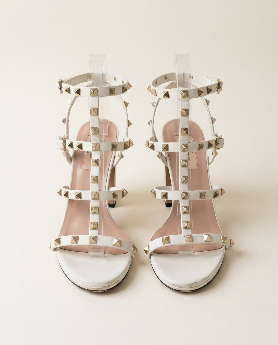 Valentino Garavani White Studded Block-Heel Sandals with Gold Studs - photo 1