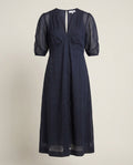 FRAME Navy Semi-Sheer Midi Dress with Puff Sleeves - photo 1