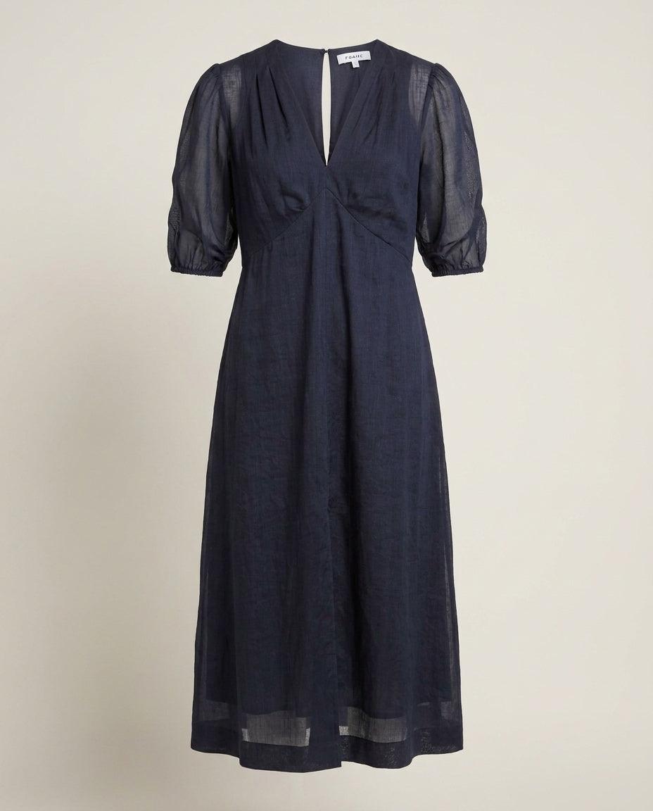 FRAME Navy Semi-Sheer Midi Dress with Puff Sleeves - photo 1
