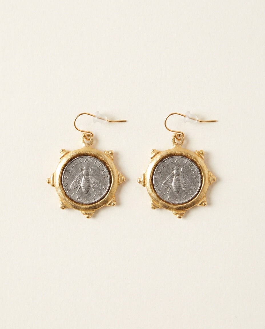 Susan Shaw Gold-Tone Coin Drop Earrings with Silver Bee Motif - photo 1