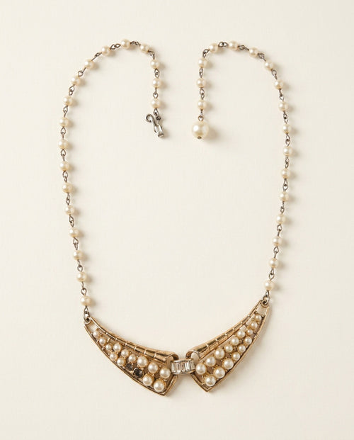 1950s-1960s Mid-Century Gold-Tone Pearl Bib Necklace with Articulated Bib Pendant - photo 1