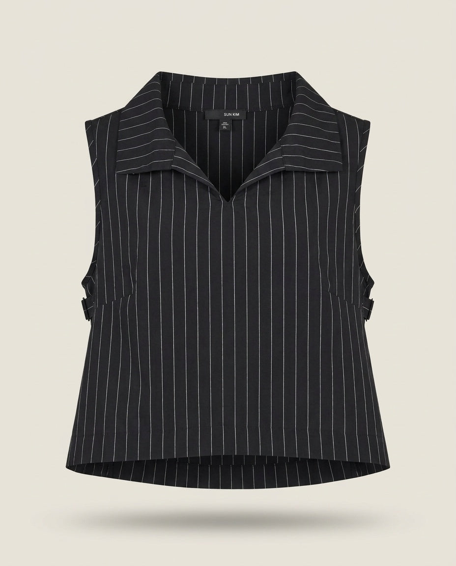 Sun Kim Black and White Pinstripe Sleeveless Top - photo 1