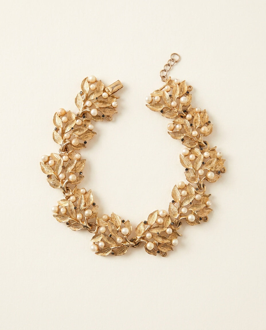 Gold-Tone Leaf and Faux Pearl Link Bracelet - photo 1