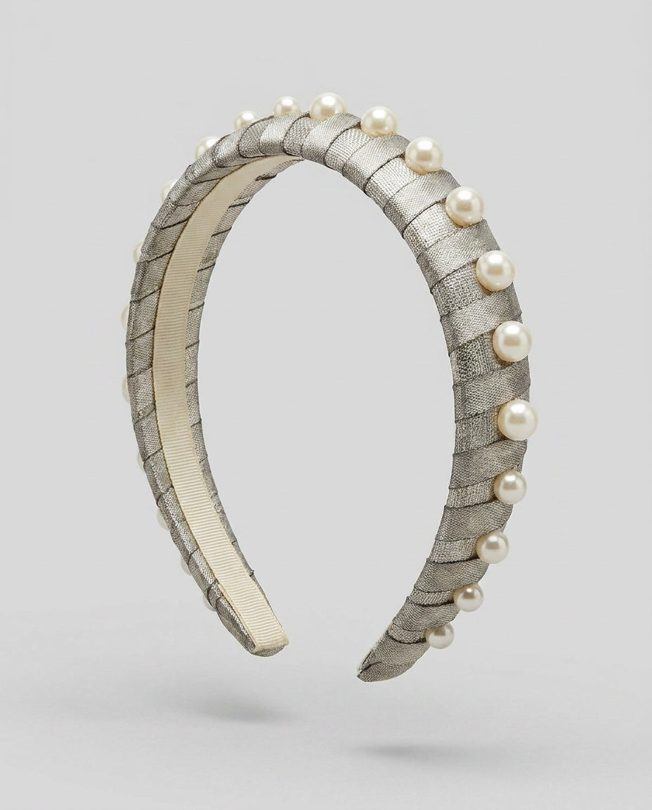 Silver-Grey Fabric-Wrapped Headband with Simulated Pearl Accents - photo 1