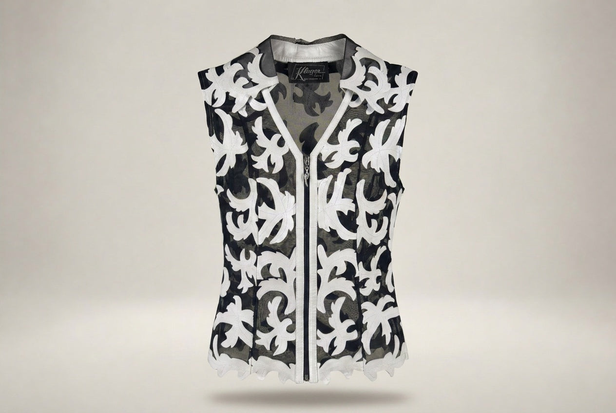 Kluger Furs 1990s Sleeveless Leather Appliqué Mesh Vest with Scalloped Hem - photo 1