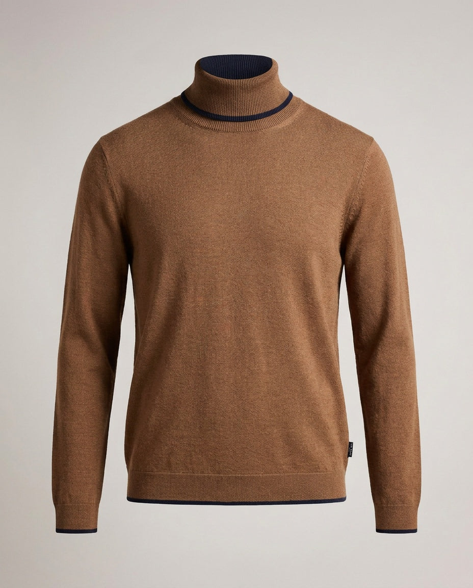 Ted Baker London Fine-Knit Turtleneck Sweater in Medium Brown with Navy Trim - photo 1