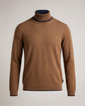 Ted Baker London Fine-Knit Turtleneck Sweater in Medium Brown with Navy Trim - photo 1