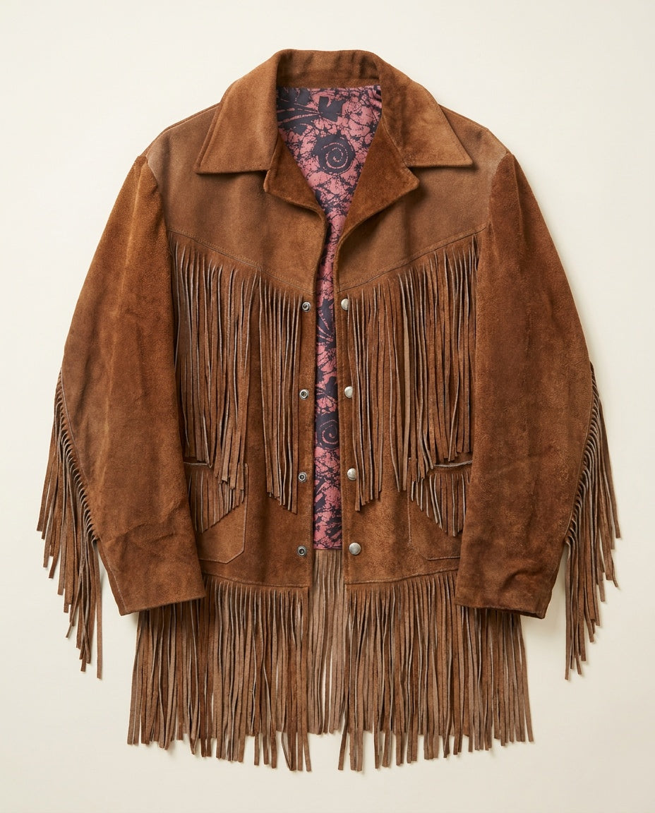 1970s Suede Fringe Jacket with Abstract Floral Lining - photo 1