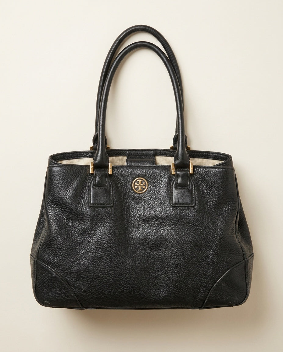Tory Burch Black Pebbled Leather Structured Tote with Gold Hardware - photo 1