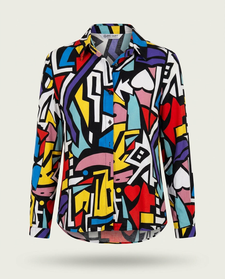 BIG DART 1980s-1990s Long-Sleeve Abstract Geometric Print Blouse - photo 1