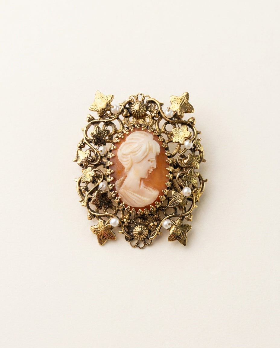 Gold-Tone Cameo Brooch with Filigree and Bead Accents - photo 1