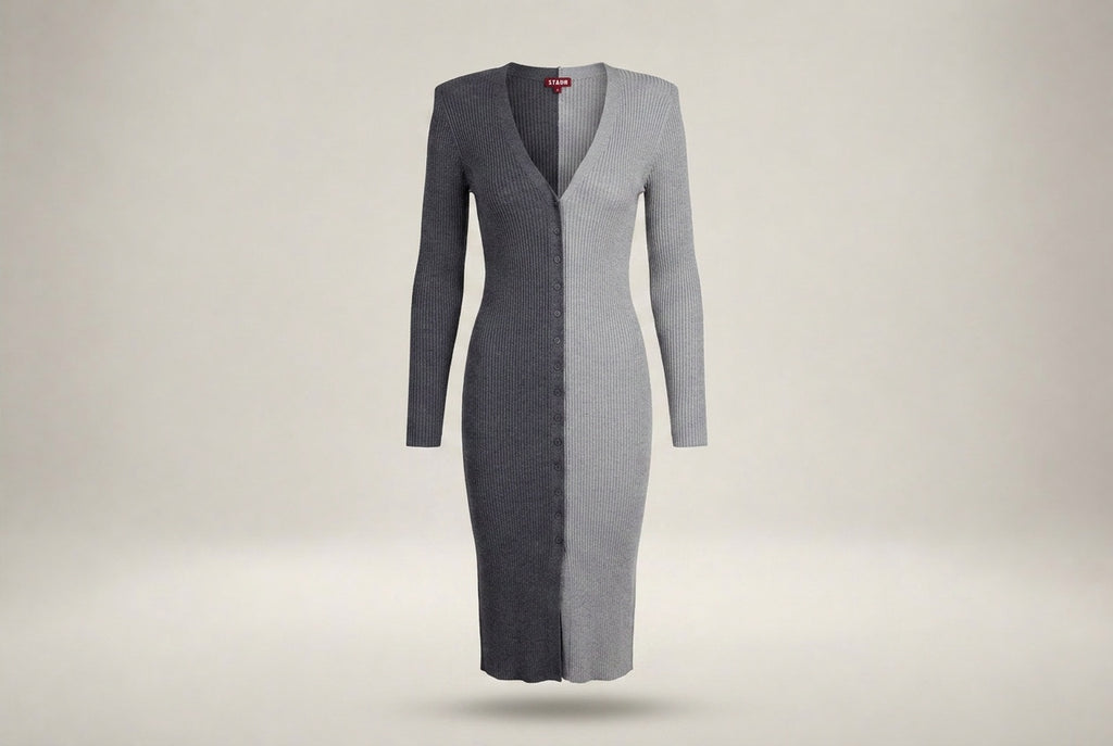 STAUD Ribbed Knit Colorblock Midi Dress in Dark Charcoal & Light Heather Grey - photo 1