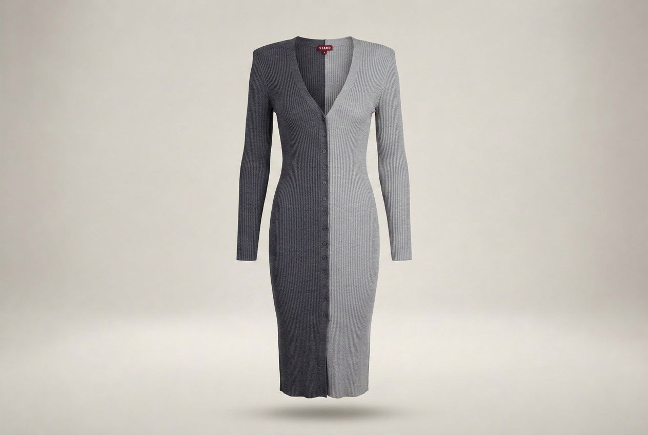 STAUD Ribbed Knit Colorblock Midi Dress in Dark Charcoal & Light Heather Grey - photo 1