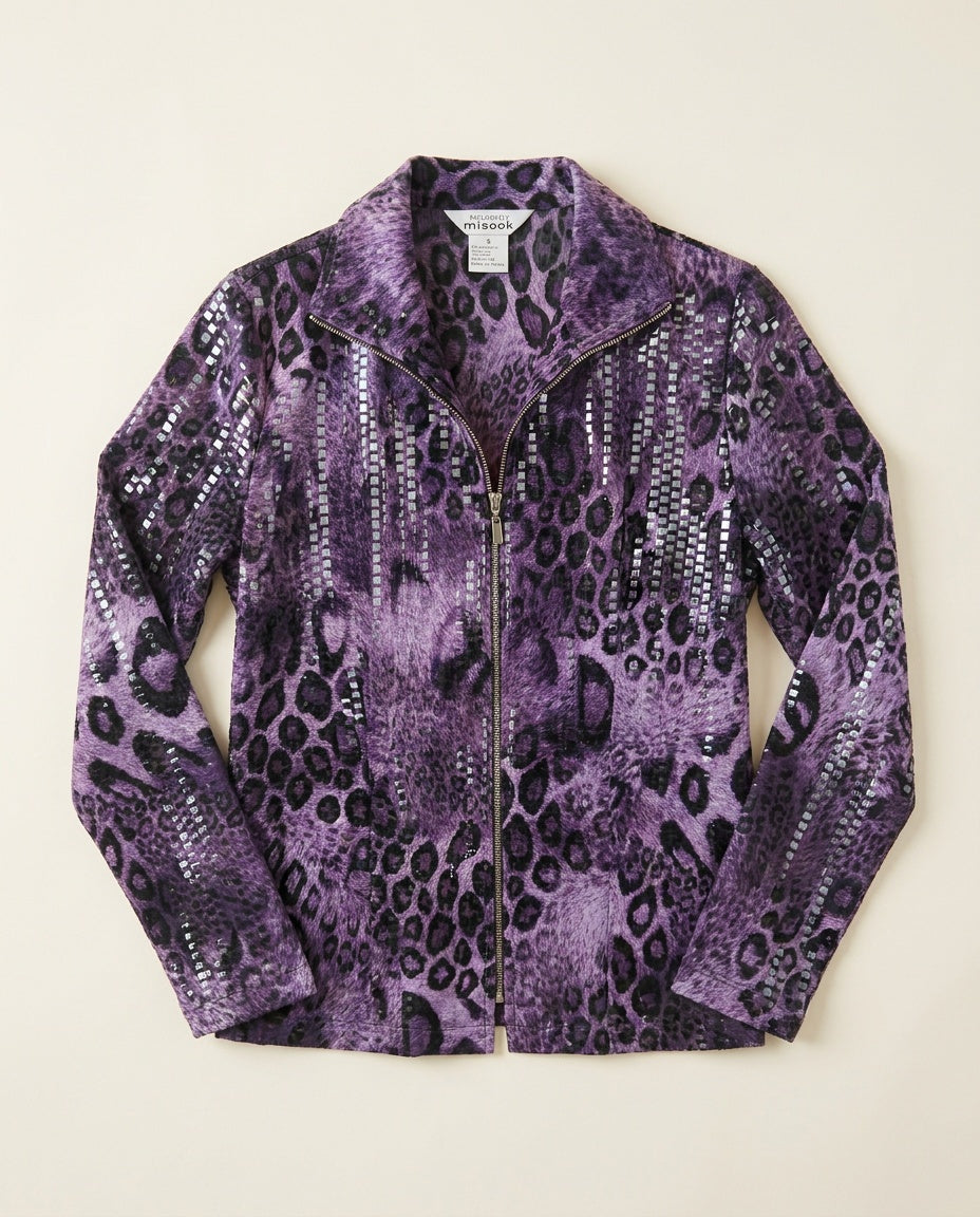 Exclusively Misook Purple/Black Leopard Print Zip-Front Long-Sleeve Jacket with Sequin Stripes - photo 1