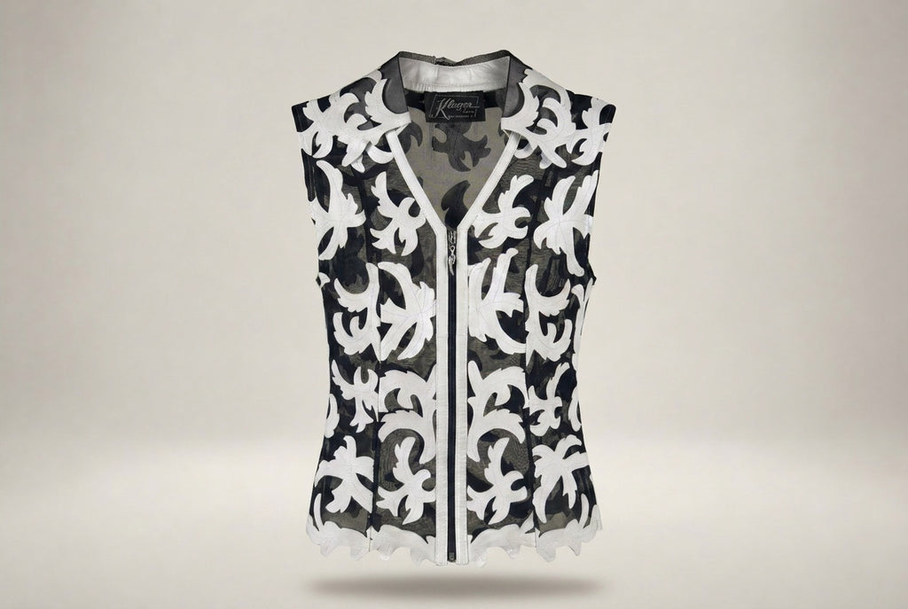 Kluger Furs 1990s Sleeveless Leather Appliqué Mesh Vest with Scalloped Hem - photo 1