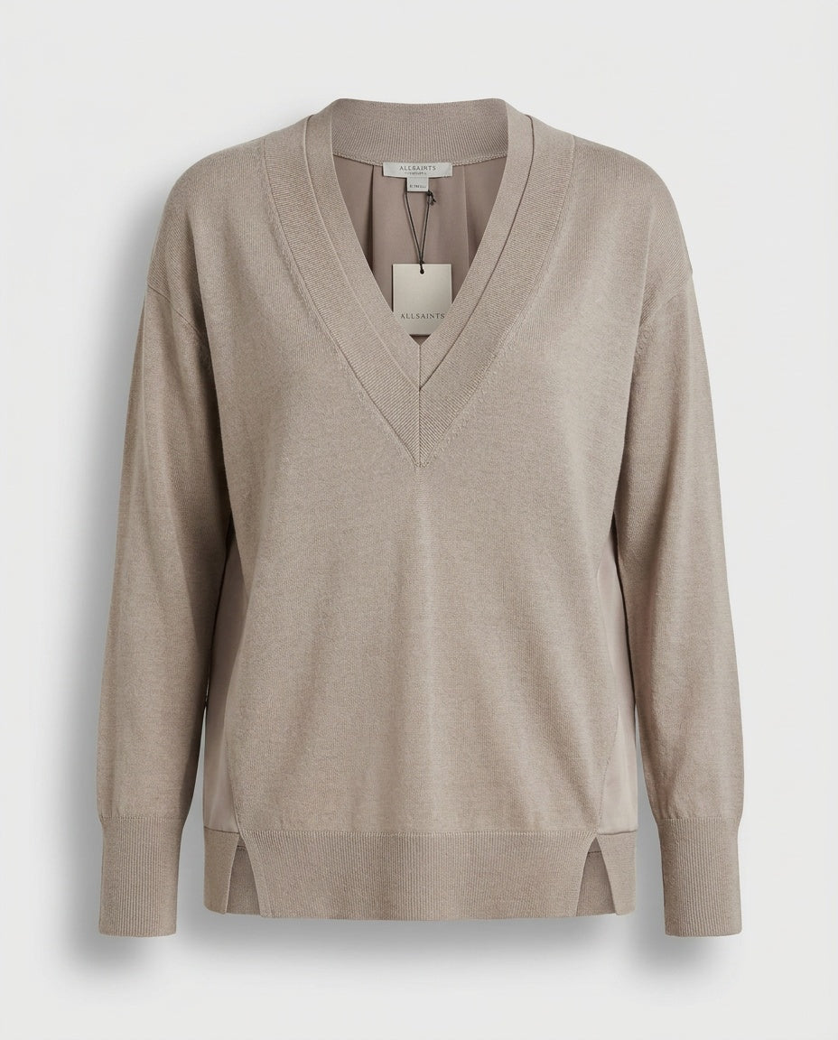 ALLSAINTS Mixed-Media V-Neck Knit Sweater in Taupe/Greige - photo 1