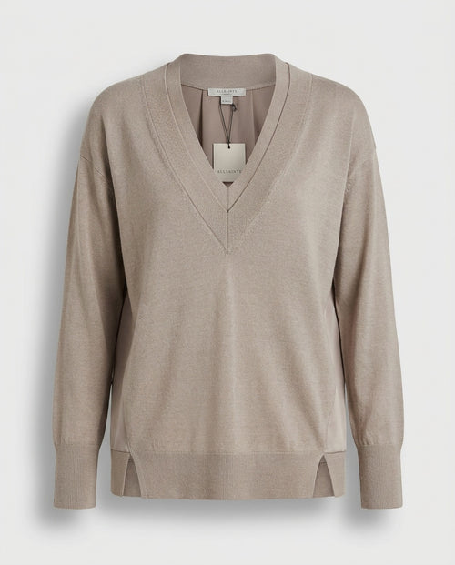 ALLSAINTS Mixed-Media V-Neck Knit Sweater in Taupe/Greige - photo 1