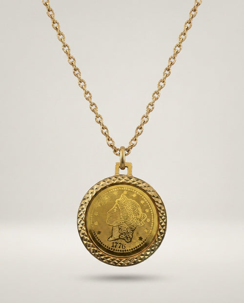 1970s-1980s Gold-Tone Coin Pendant Necklace with Eagle and Liberty Portrait - photo 1