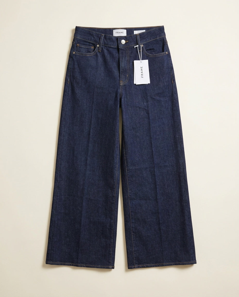 FRAME High-Rise Wide-Leg Denim Jeans in Dark Indigo with Gold Topstitching - photo 1