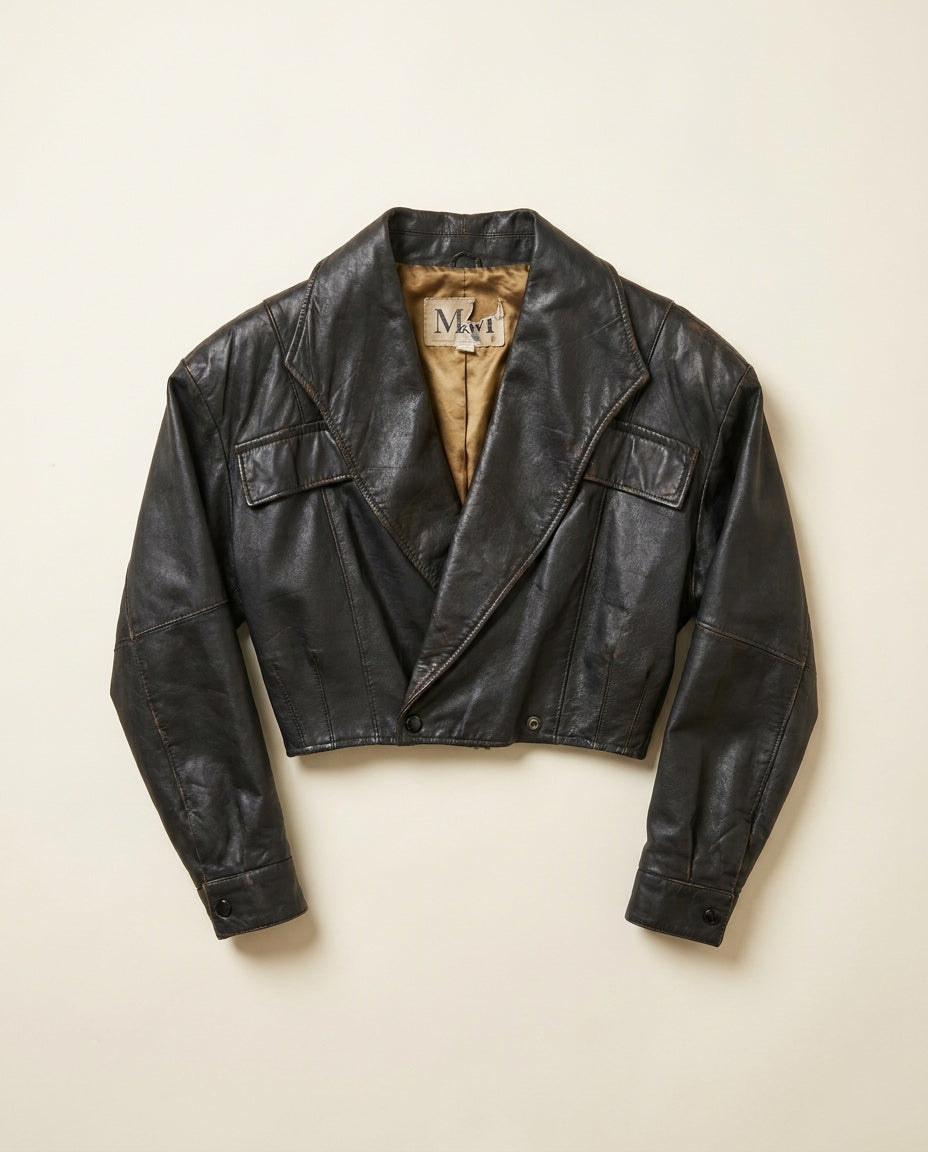 Cropped Black Leather Jacket with Gold Lining - photo 1