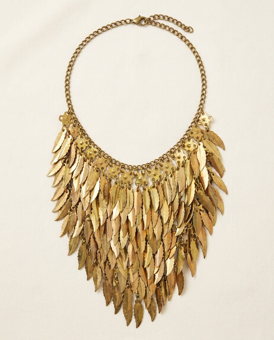 Mid-20th Century Gold-Tone Brass Bib Necklace with Leaf Dangles - photo 1