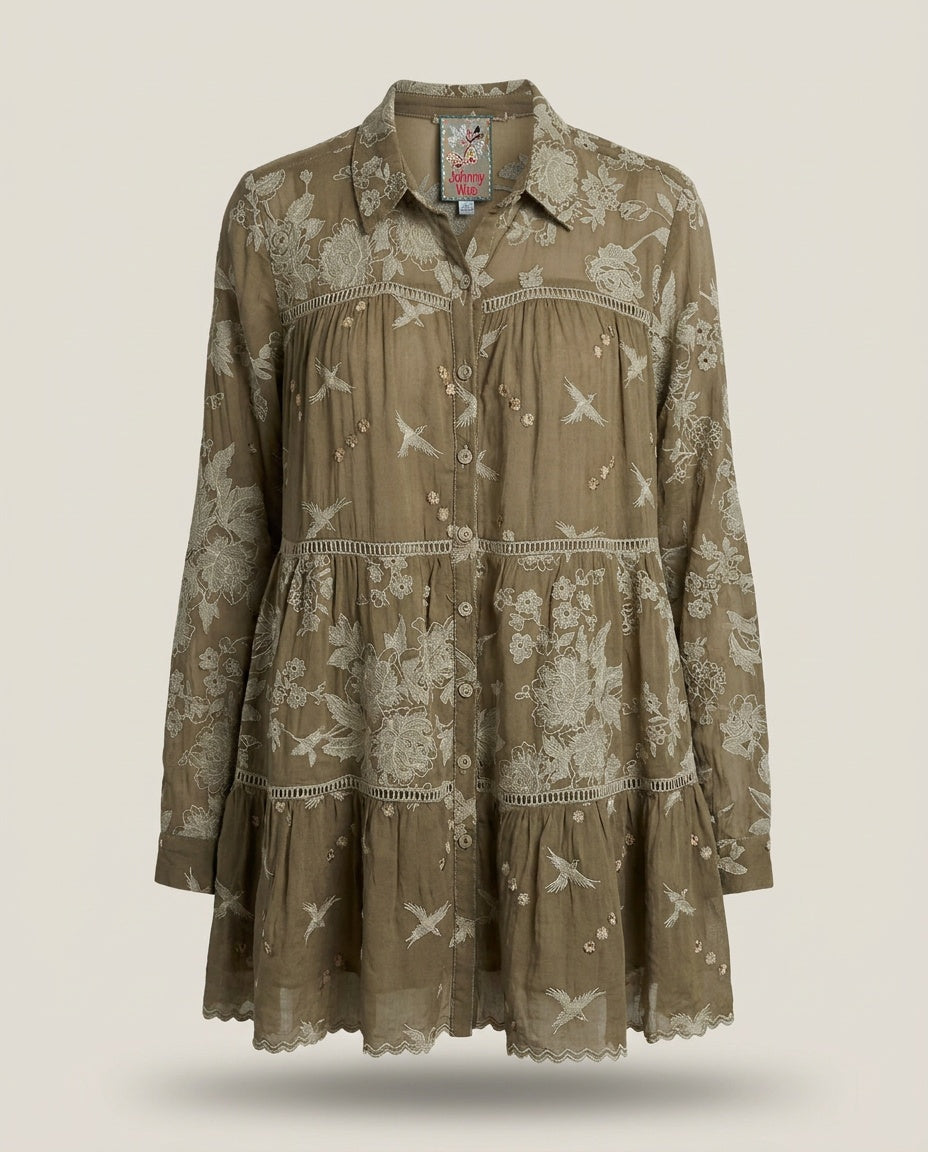 Johnny Was Tiered Embroidered Button-Forward Blouse in Olive/Khaki with Cream Embroidery - photo 1