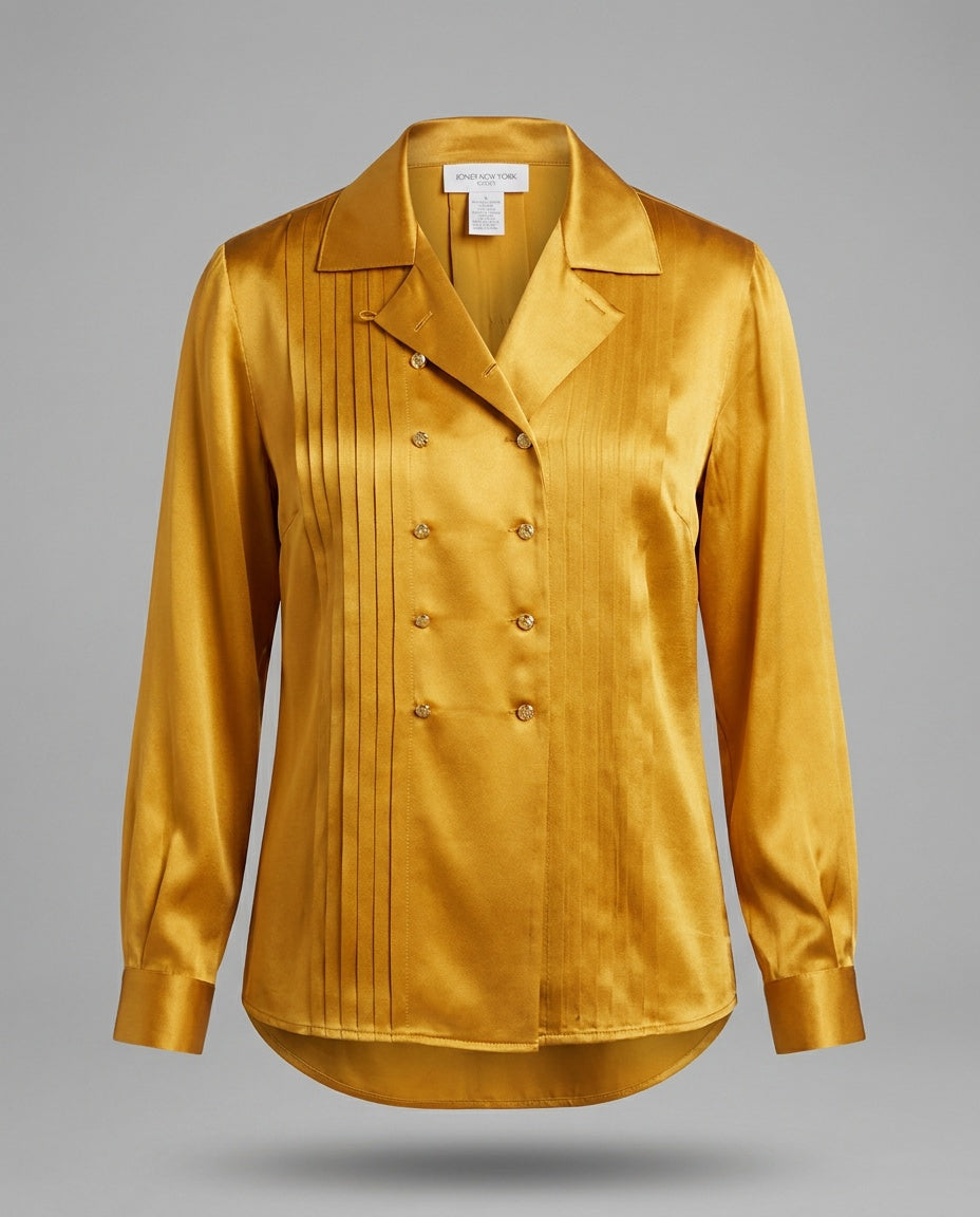 JONES NEW YORK Petite Golden Yellow Satin Blouse with Pintuck Bib - photo 1