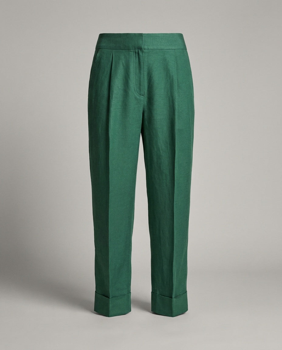Massimo Dutti Emerald Green Pleated Tapered Trousers with Cuffed Hem, 62% Linen / 38% Viscose - photo 1