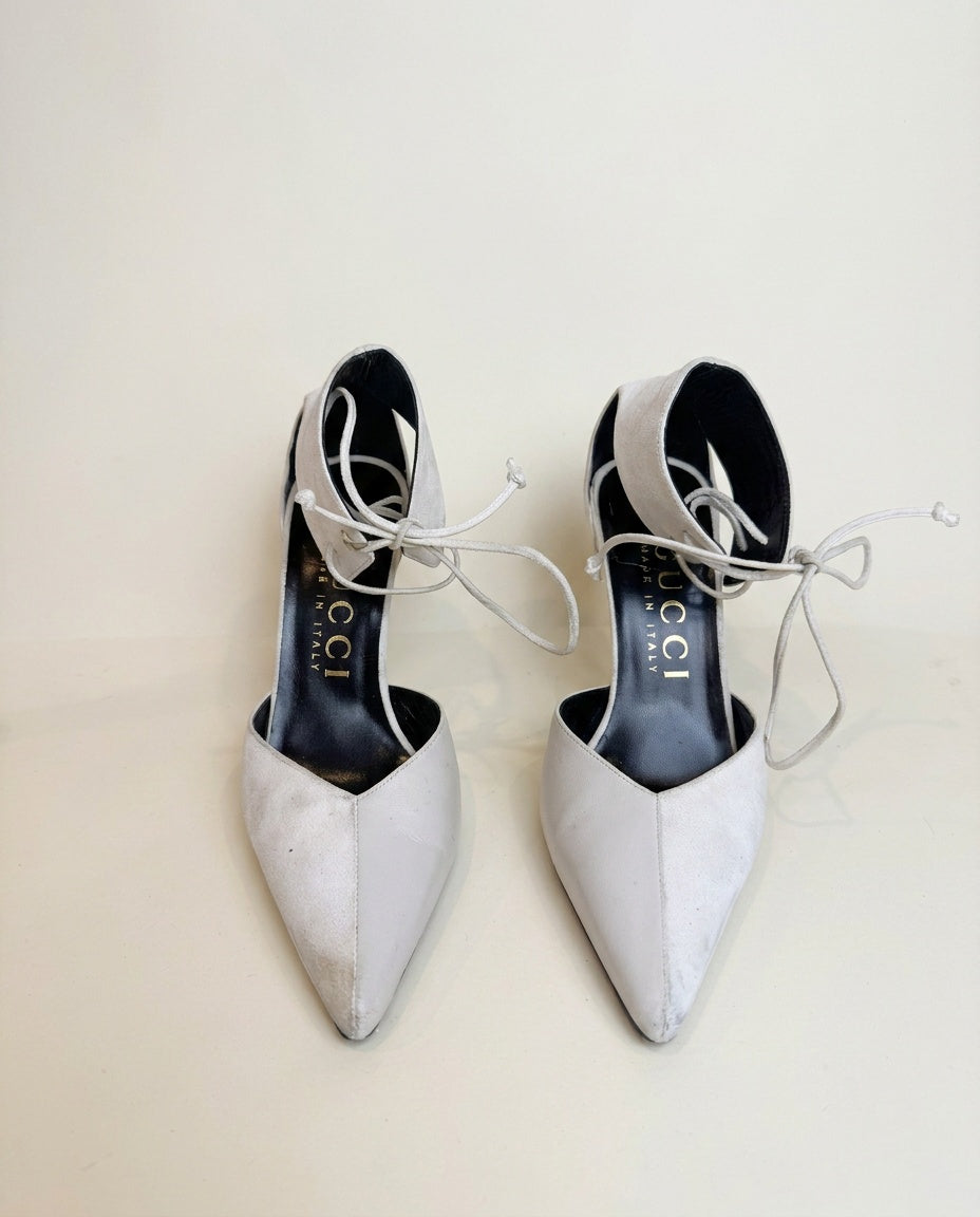 Gucci Pointed-Toe D'Orsay Stiletto Heel with Gold-Ankle Tie, Light Grey/White Matte Upper - photo 1