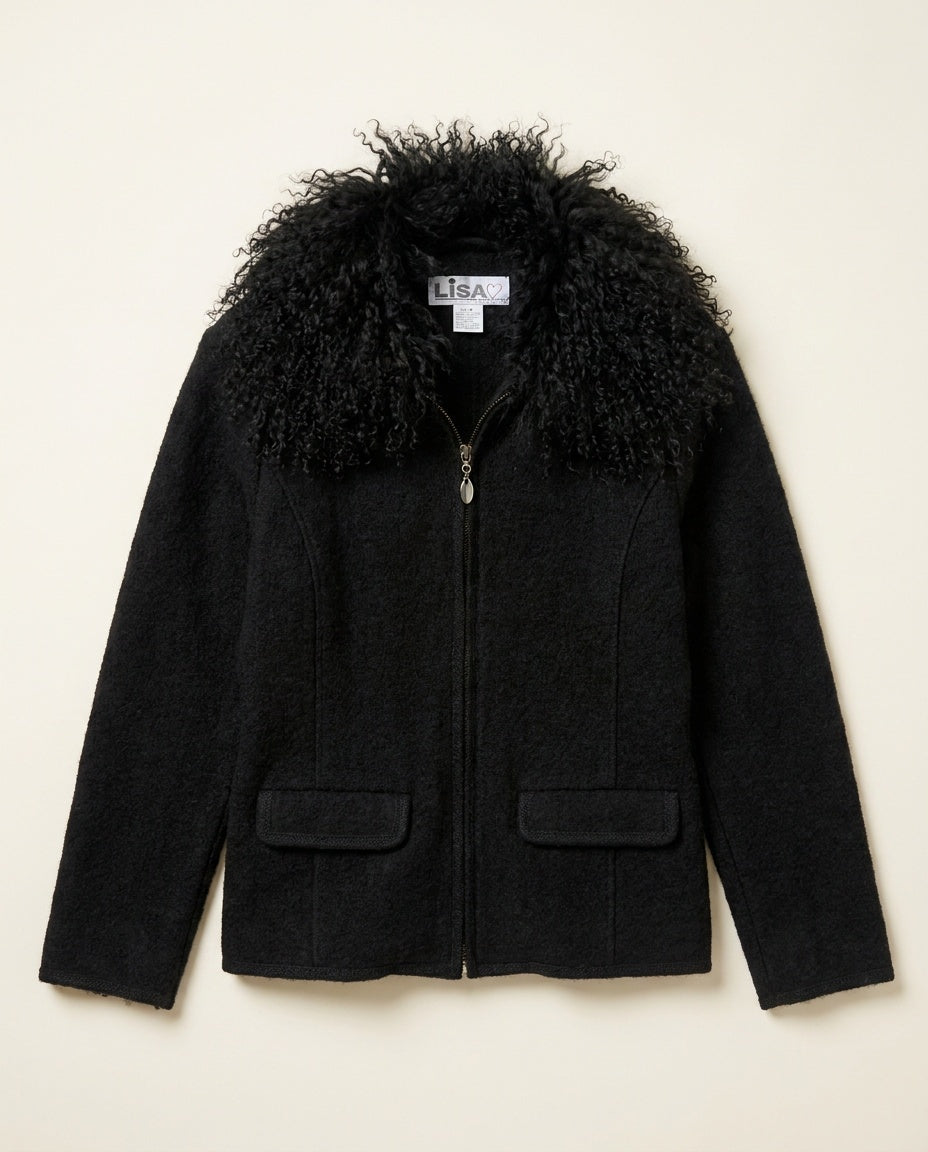 LiSA International Black Boiled Wool Zip Jacket with Curly Fur Collar - photo 1