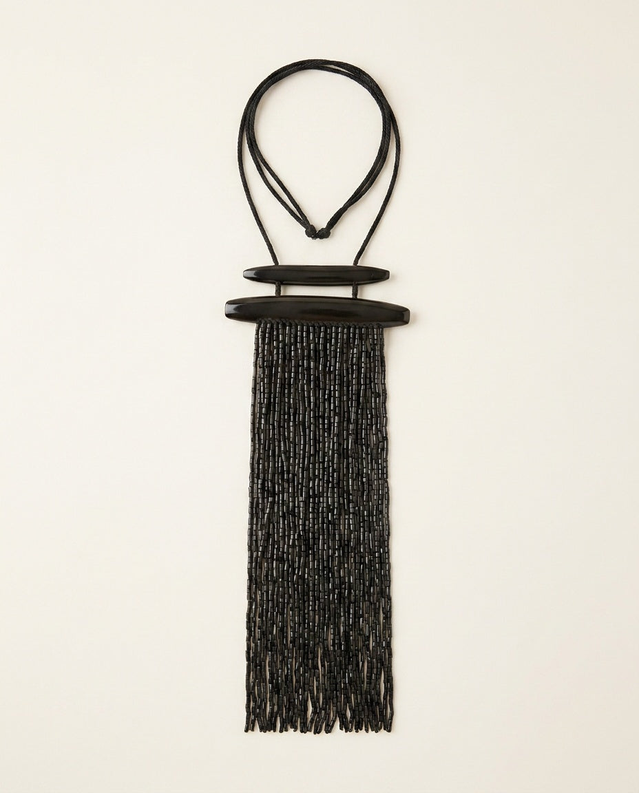 Black Beaded Fringe Statement Necklace with Cord Tie and Oval Bar Hardware - photo 1