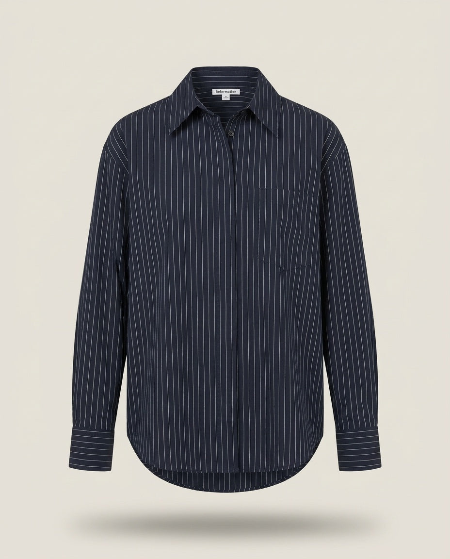 Reformation Navy White Pinstripe Button-Forward Long-Sleeve Shirt XS - photo 1